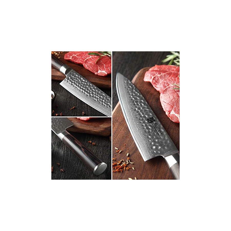 XINZUO 8 Inch Hammered Damascus Chef Knife,67 Layers Damascus Steel Kitchen Knife,Professional Japenese Chef Knife with Gift Box, Dark Brown Pakkawood Handle, Razor Sharp-He Series