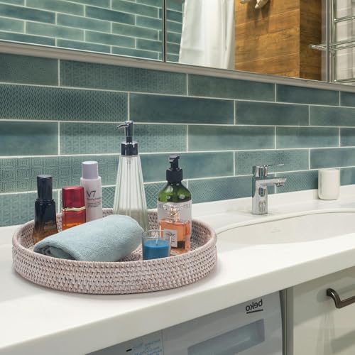 13.8 inch Round Rattan Tray, Decorative Coffee Table Tray, Ottoman Tray, Woven Serving Tray with Handles, Wicker Serving Basket, Whitewash - Image 3