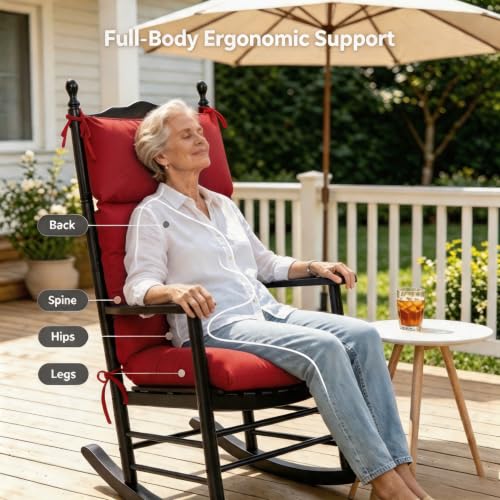 Image of QILLOWAY Outdoor Rocking Chair Cushions Set of 4, 100% Polyester Waterproof Patio Rocking Chair Cushion, High Back Weatherproof Chair Pad for Adirondack & Outdoor Furniture, Red