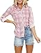 NUOREEL Women's Classic Plaid Shirt Button Down Shirts Roll Up Long Sleeve Cuffed Shirts (Pink, Large)