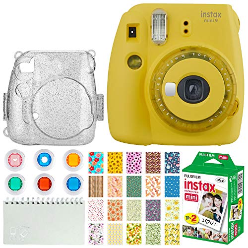 FUJIFILM INSTAX Mini 9 Instant Film Camera (Yellow with Clear Accents) + Instax Film (20 Shots) + Glitter Clear Case + Scrapbooking Album + 6 Colored Lens Filters + 20 Sticker Frames Nature Package