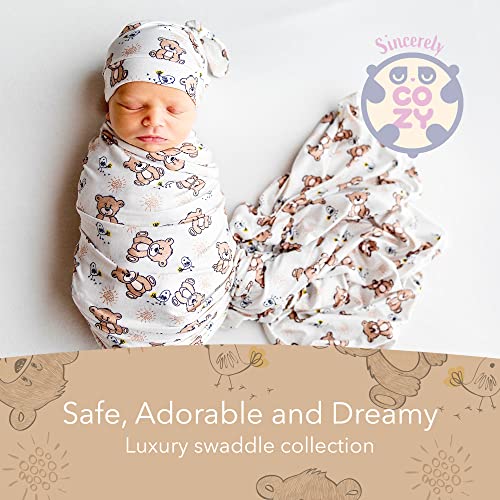 Image of Luxury Rayon from Bamboo Hat & Baby Swaddle for Newborns 0-3 Months, Cozy Teddy Bear Newborn Swaddle Blanket for Baby Boys & Girls, Hypoallergenic, Breathable & Buttery Soft