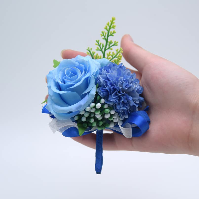Haveratio Fatto a Mano Raso Rosa Polso Corsage Matrimonio Prom Party Damigella d'Onore Polso da Sposa Fiore Faux Pearl Beaded Bracciale Elastico Polsino Azzurro