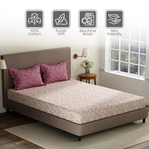 Image of Layers 100% Cotton King Size Bedsheet Set | Pink Floral Print | 120 TC Forever Collection | Soft & Breathable | Washable Bedsheet with 2 Pillow Covers | All Season