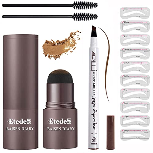Eyebrow Stamp Powder,Eyebrow pencil, with Eyebrow Brushes, long Lasting Waterproof Buildable Eyebrow Stamp and Shaping Kit for Brow,with 10 Reusable Eyebrow Stencils 2 styles (Light Brown/Brown)