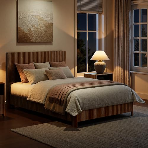 Image of Evermagin Walnut Queen Bed Frame with Headboard, Mid Century Modern Fluted Platform Bed, Boho Wooden Bed Base No Box Spring Needed, Wavy Grooved Panel