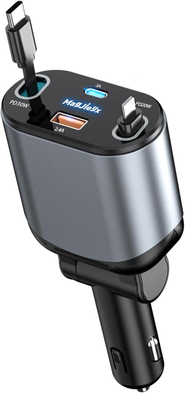 4 in 1 Retractable Car Charger, USB C Fast Charging Adapter[Max80W] with USB-i Cable&Dual Charge Port Compatible with iPhone 16/15/14/13/12/11 Pro Max Plus/iPad/AirPods,Galaxy,Google