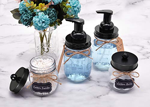 Amolliar Mason Jar Foaming Soap Dispenser-Rustproof Stainless Steel Lid/BPA Free Pump,with Labels-Rustic Farmhouse Decor Hand Soap Dispenser for Bathroom Vanities,Kitchen Sink,Countertops,Black,2-Pack
