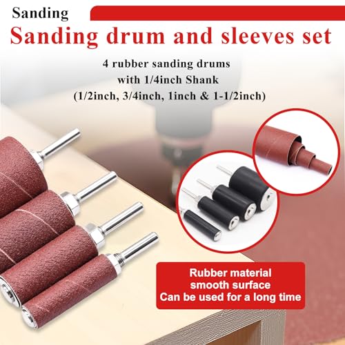Image of Tnisesm 187 PCS Sanding Drum and Sleeves Kit - Includes 2inch Spindle Sander Sleeves (60 /80 /120 /240 Grit), 4 Rubber Sanding Drums, 1 /4-Inch Shank,Versatile Sander Accessory with Box