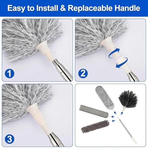 Image of Dishmatic 4 in 1 Long Handle Microfiber Feather Ceiling Duster with Extendable Pole 30-100 Inch with Anti Scratch Bendable Head for Cleaning High Cobweb Stick High Ceiling Fan - Stainless Steel