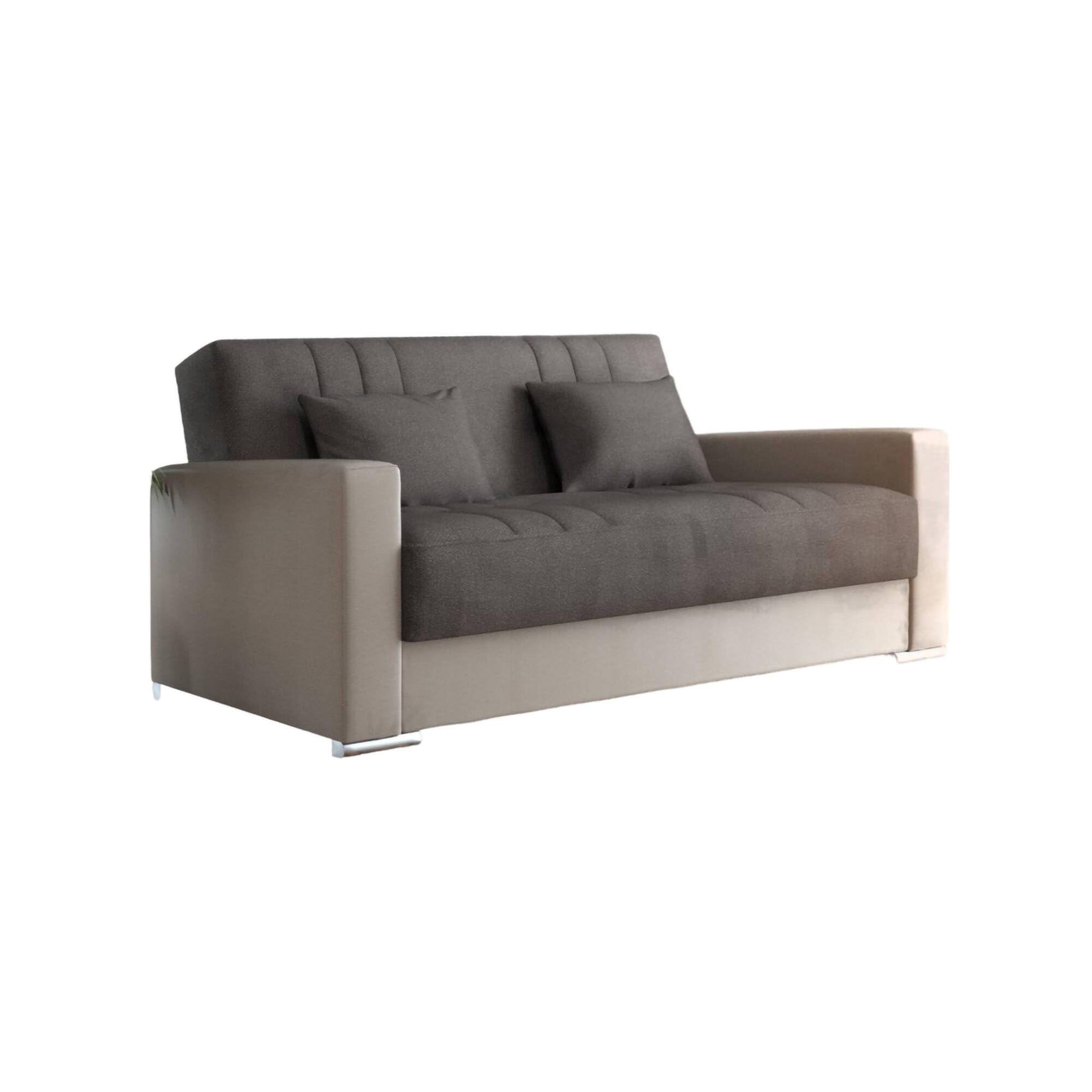 Dmora - Divano Letto 3 posti Sergio, Divano Contenitore in Ecopelle e Tessuto, Sofà con Apertura Click-clack e 2 Cuscini, 230x96h101 cm, Beige e Grigio