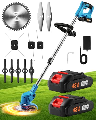 Blue Cordless Weed Wacker & String Trimmer, 48V Battery-Powered Lawn Edger and Grass Trimmer, Electric Weed Eater with Charger, Lightweight for Lawn Care and Garden Maintenance