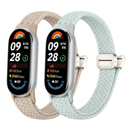 Raradev 2 Stück Nylon Geflochtenes Armband Elastische Herren Damen Nur Kompatibel mit Xiaomi Smart Band 10/9/8 Stufenlos Verstellbare Dehnbare Armbänder Sport Ersatz Armband für Xiaomi Mi Band 10/9/8