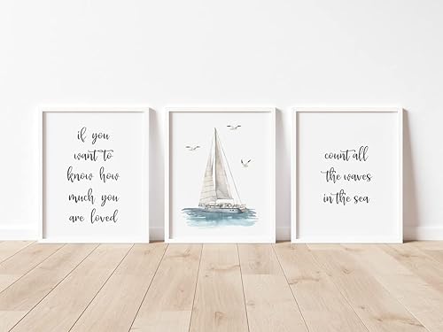 DOLUDO 3 piezas de lienzo impreso contar todas las olas en el mar, pintura náutica de velero, arte de pared para guardería, decoración de dormitorio