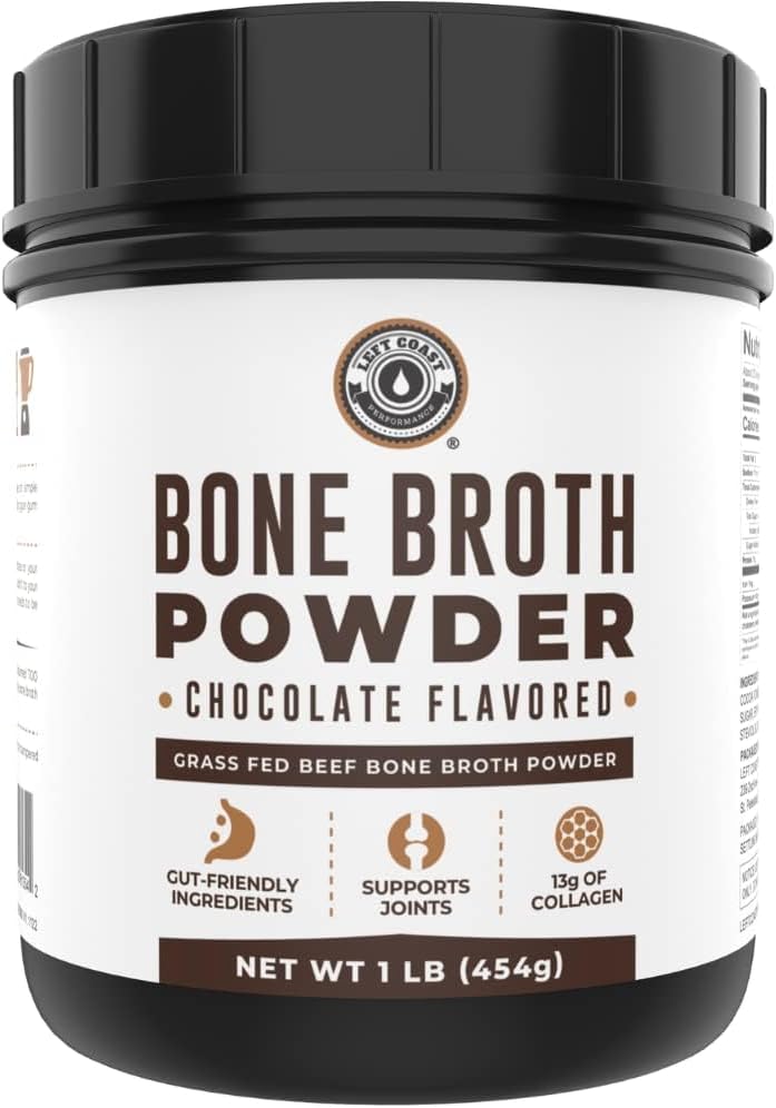 Left Coast Performance Bone Broth Protein Powder Chocolate 470ml, Grass Fed - Non-GMO, Gut-Friendly, Dairy Free Protein Powder,