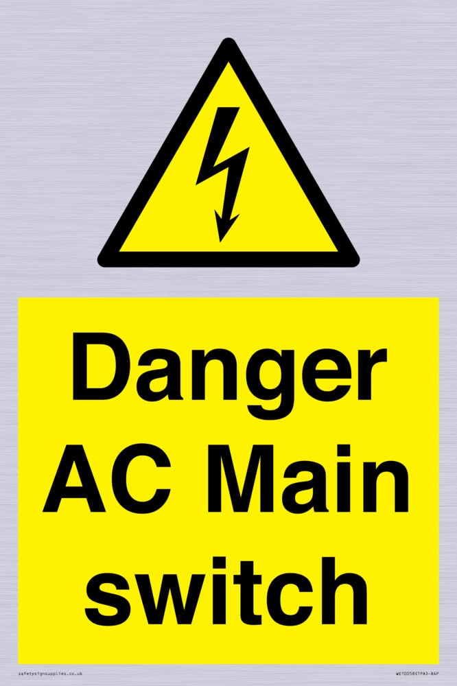 Danger AC Main switch Sign - 200x300mm - A4P, Yellow/White
