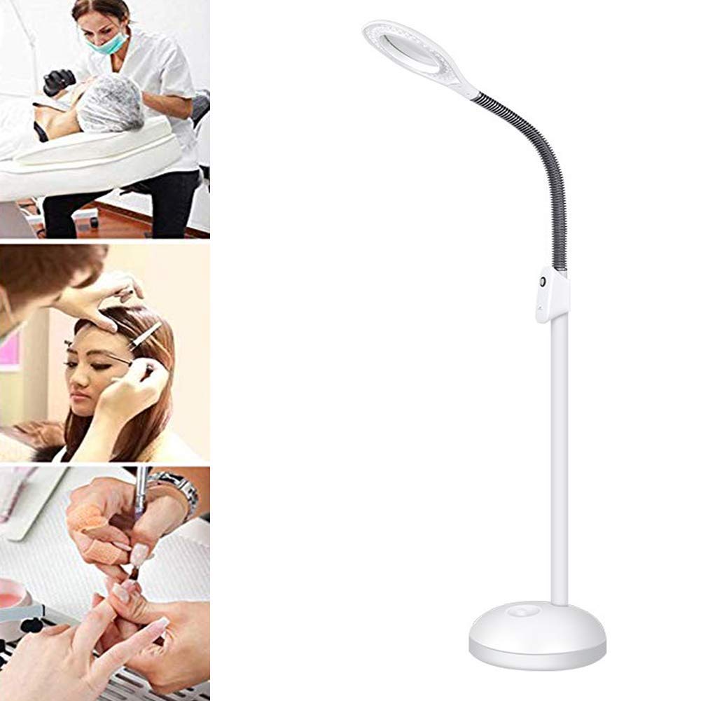 Lámpara de pie con lupa Lámpara de pie con lupa LED 5x - Lente de vidrio iluminada con lupa de espectro completo brillante de luz diurna - Lámpara de pie con cuello de cisne ajustable en altura