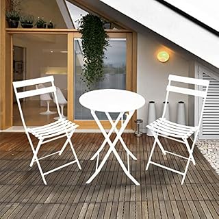 GardenAddict Luxury Bistro Set 3 Pieces Heavy-duty Folding Garden Table and Chairs Outdoor Patio Balcony Garden Furniture 1 Round Table and 2 Chairs (White)
