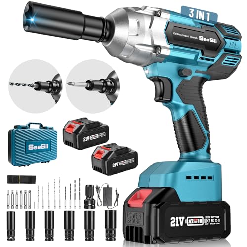 Seesii Brushless Power Impact Wrench, Cordless, 1/2 inch Max High Torque 479 Ft-lbs(650Nm), 3300RPM w/ 2x 4.0 Battery, 6 Sockets,9 Drill,6 Screws for Car Home, WH700