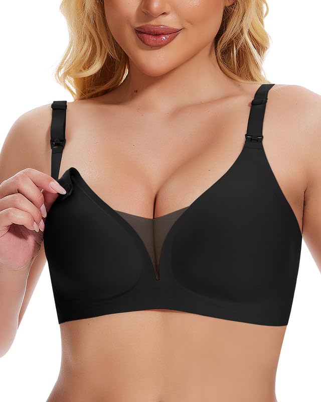 Jiuday Still BH ohne Bügel Große Brüste Damen Schwangerschafts- & Still-BHS Bequemer Gepolstert Spitze Seamless Nursing Bra Nahtloser Push Up Stillbh (Schwarz XL)