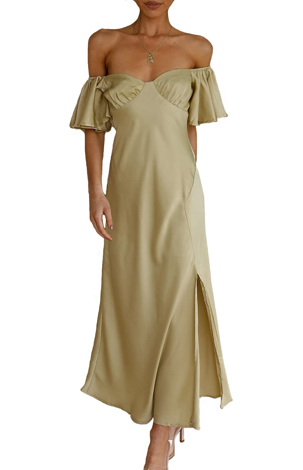 Vestido formal de satén con hombros descubiertos para mujer, elegante, manga de mariposa, vestido midi de cóctel con abertura para fiesta de graduación