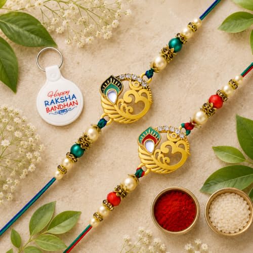 Image of Riddhika Ventures Glorious Gold Plated Auspicious Diamond Ring Rakhi || Traditional Rakhi Set of 2 & Festive Gift || Rakhi Gift Combo for Brother (P8P9K)