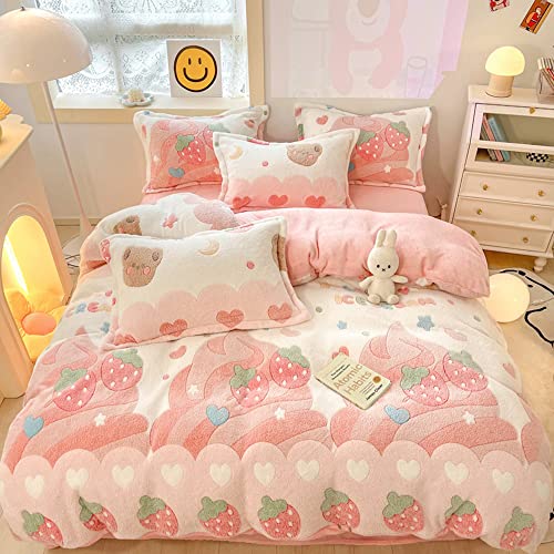 Image of CinYana Pink Strawberry Duvet Cover Set Fluffy Kawaii Cartoon Comforter Cover Soft Kids Twin Size Bedding Set (Strawberry)