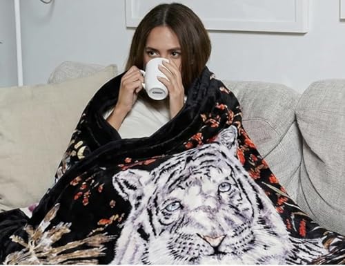 Hiyoko 5.3 lbs White Tiger Blanket Queen Size Heavy Thick Warm for Family and Friends - Korean Mink Blanket (75 x 90) San Marcos Mexican Blankets
