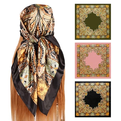 3 Pañuelos Cuadrados Versátiles De Seda y Satén 90*90 Cm - Estampado Grande, Elegante Para Mujer - Adecuado Para Playa, Desplazamientos, Decoración