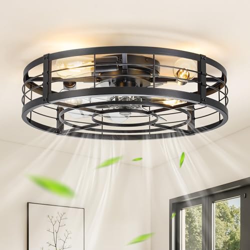 Image of LEDIARY 23 inch Caged Ceiling Fan with Light and Remote, Low Profile Flush Mount Fandelier, Black Bladeless Enclosed Small Fan Lights Ceiling Fixtures, Rustic Farmhouse Style for Bedroom, Outdoor