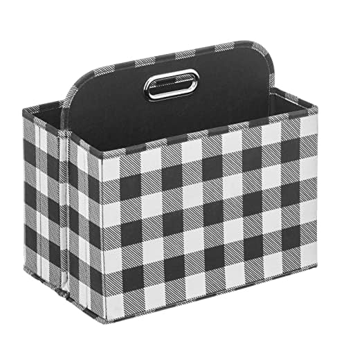 mDesign Holiday Storage Box for Gift Wrapping and Bows with Compartments and Handle - Christmas Organizer Tote for Ribbons - Divided Container for Crafts and Stationary - Buffalo Plaid, Black/White