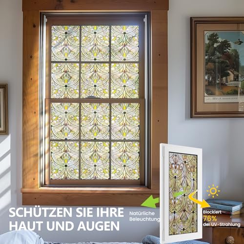 3D Stained Glass Window Film, Decorative Window Privacy Film for Bathroom,Front Door,Home, Sun Blocking Heat Control,Static Cling, Golden Ironwork 17.5inch x 47.24inch
