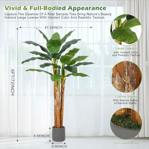 GarveeHome Artificial Banana Tree, 6FT Faux Banana Tree with Grey Planter, Artificial Plants with 21 Faux Banana Leaves Plant for Home Office Decor