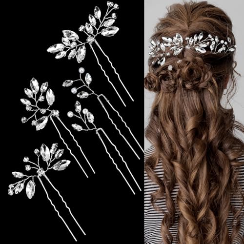 JIEYAO 5 horquillas para el pelo de novia con diamantes de imitación, accesorios para el cabello de novia, pieza de pelo de flores plateadas para mujer