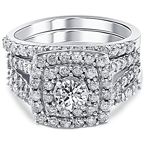 Pompeii 3 ct Diamond Engagement Wedding Double Cushion Halo Trio Ring Set 14k White Gold3