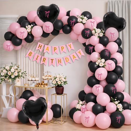Image of Party Propz Pink Black Happy Birthday Decoration Kit for Girls -27 Pcs, Birthday Decoration Items with Black Heart Foil Balloons, Happy Birthday Banner, Balloons for Birthday, Bday Decor (Cardstock)
