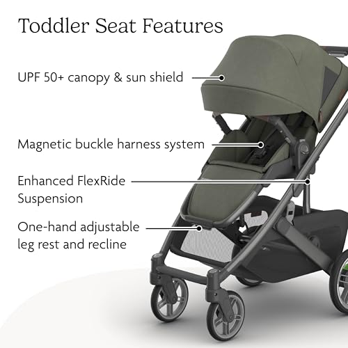Image of UPPAbaby Cruz V3 Stroller - from Birth + Car Seat Compatible - Full-Size, Reversible Seat - Infant Insert, Bug and Rain Shields Included - Evelyn (Meadow Green /Graphite Frame /Chestnut Leather)