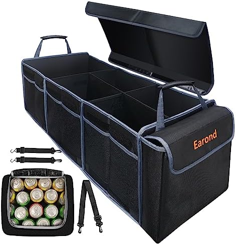 EAROND Car Trunk Organizer with Insulated Leakproof Cooler Bag,Removable Lid,Adjustable Securing Straps,3 Compartments Trunk Organizer for Car,SUV,Truck,Sedan(Grey & Black)