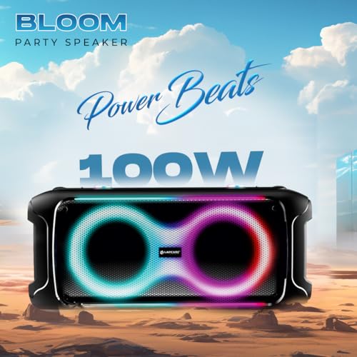Image of LAPCARE Bloom Wireless Bluetooth Party Speaker, 100W Immersive Pro Sound, Dynamic RGB Light Show, Bass and Treble Control, Type C, Built-in Rechargeable Battery, Splashproof with Wireless Mic (Black)