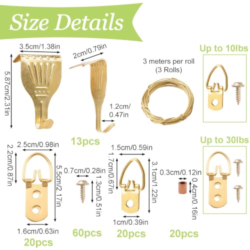 Image of Picture Hanging Kit - 13Pcs Picture Rail Hooks, 3 Rolls 3M Hanging Wires, 40Pcs D Ring Picture Hangers with Screws for Wall Pictures Exhibition(Gold)