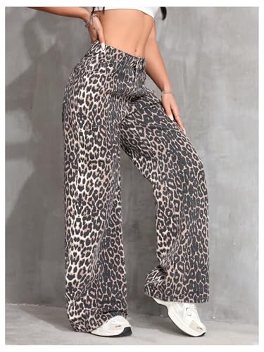Floerns Women's Y2k Cheetah Print Wide Leg Jeans High Waisted Baggy Casual Denim Pants2