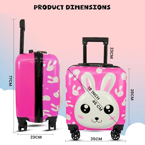 Image of Storite 18 Inches Kids Trolley Bag Hard-Sided Polycarbonate Cute Rabbit Print Spinner Suitcase Trolley Bags for Kid's Travel (Pink - 35 x22 x 37 Cm)