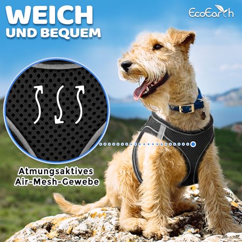 Hundegeschirr + Leine - Mittelgroß, Schwarz - Weich gepolstert, No Pull Design Haustiergeschirr + Reflektierende Streifen für Kleine + Mittelgroße Hunde - von EcoEarth