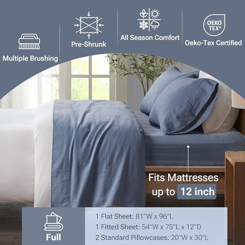 Image of True North by Sleep Philosophy Cozy Flannel Warm 100% Cotton Sheet - Novelty Print Animals Stars Cute Ultra Soft Cold Weather Bedding Set, Full, Blue Solid 4 Piece