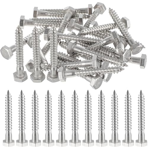 Zonon 50 Pcs 1/4" X 2" 304 Stainless Steel Lag Screw for Wood, Silver
