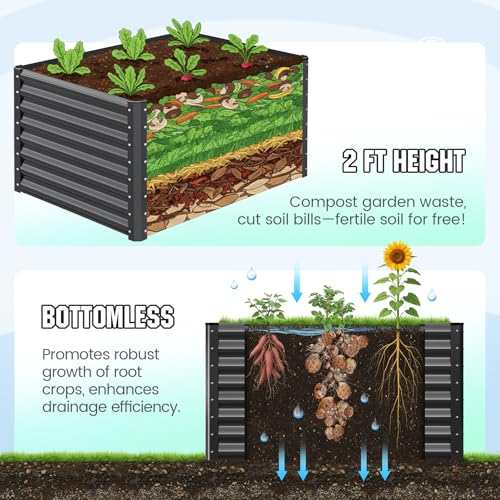 Image of Quictent Galvanized Raised Garden Bed 4x3x2ft Tall Garden Bed Extra Height 22.4 inch Hold 24cft Soil Outdoor Heightened Planter Box for Deep Root Vegetables Herbs Tomato Cage Included, Dark Grey