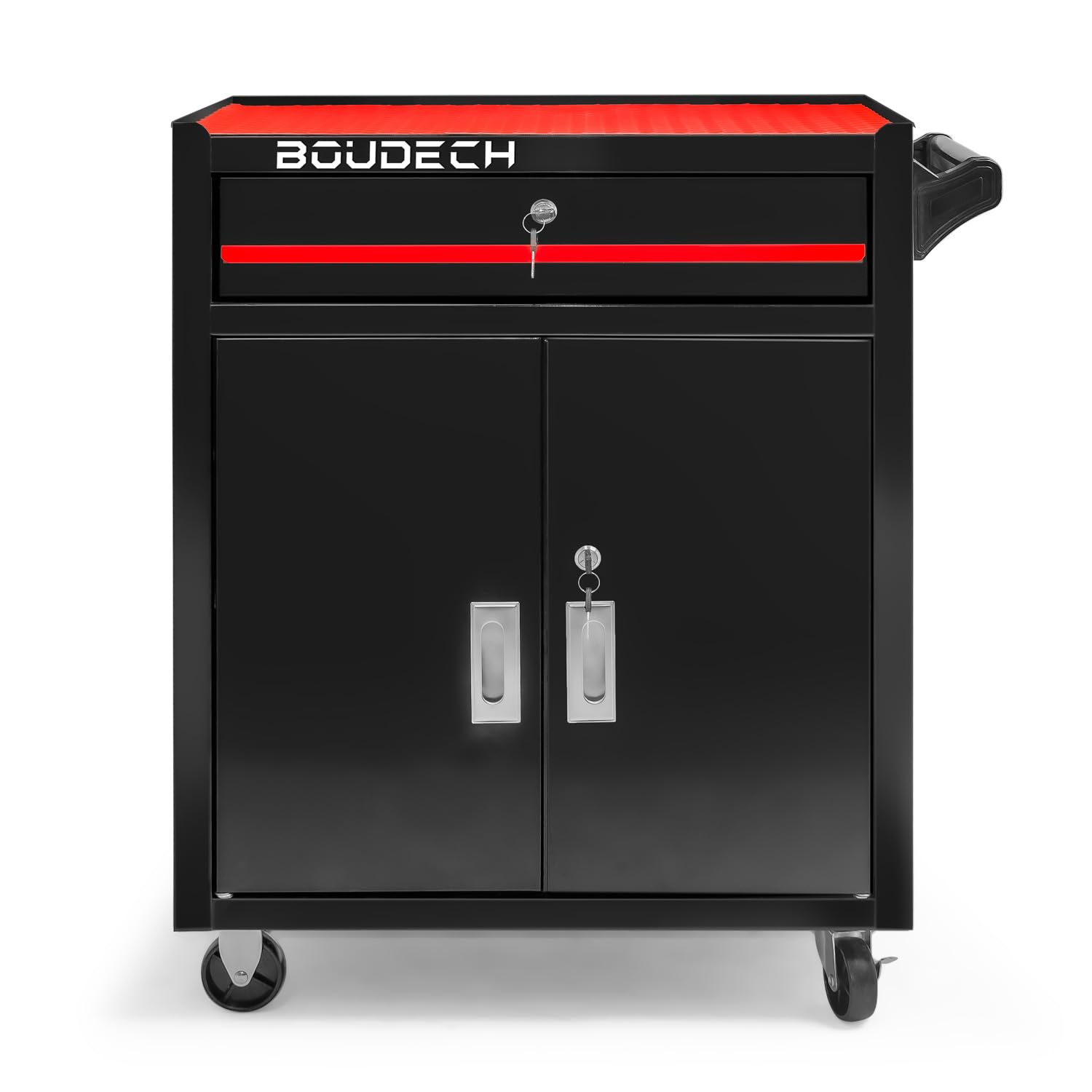 BOUDECH® BUDDY - Carrello da officina a due ante con cassetto e serratura, armadietto da garage con ruote autobloccanti, superficie di lavoro con tappetino antiscivolo