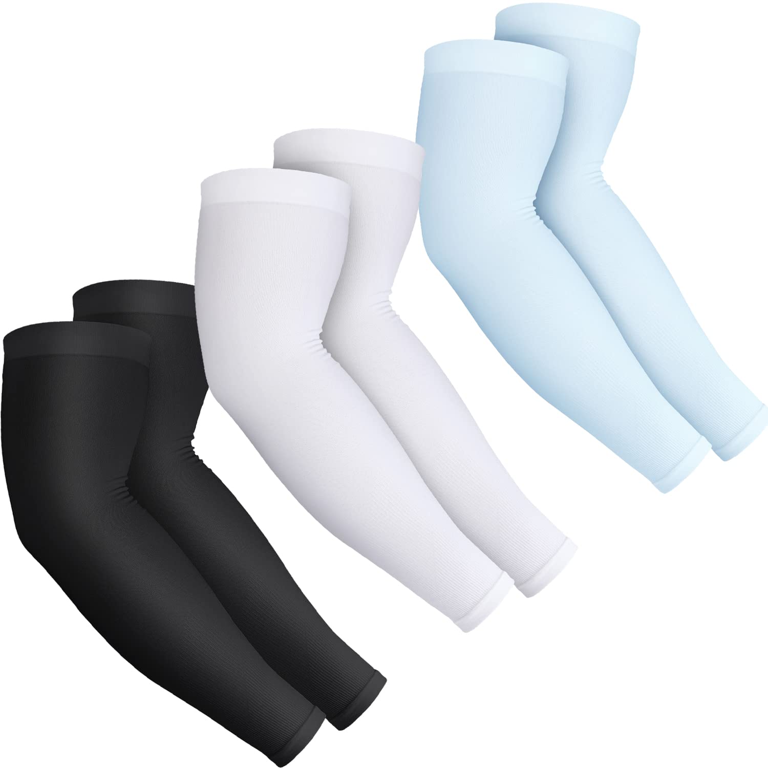 BRGUR UV Sun Protection Compression Arm Sleeves, Light Blue&White&Black, 3 Pairs
