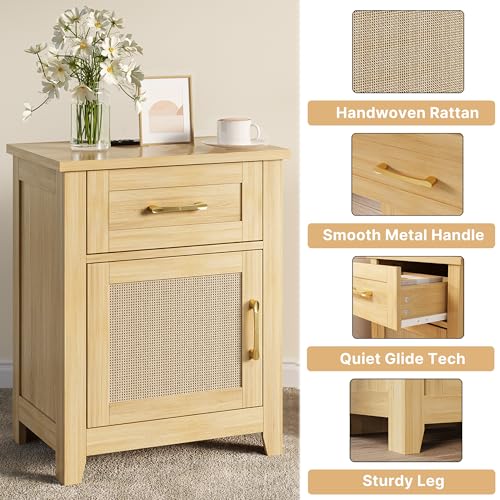 Image of Decofy Rattan Nightstand Set of 2 with Charging Station, Drawer and Cabinet
