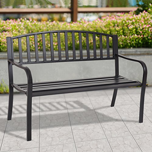 Image of Giantex Outdoor Bench, 50 inch Patio Garden Bench with Steel Frame, Slat Design, 500 Lbs Weight Capacity, Patio Seating Bench for Porch, Backyard, Poolside, Outside Decor Furniture, Park Loveseat, Black